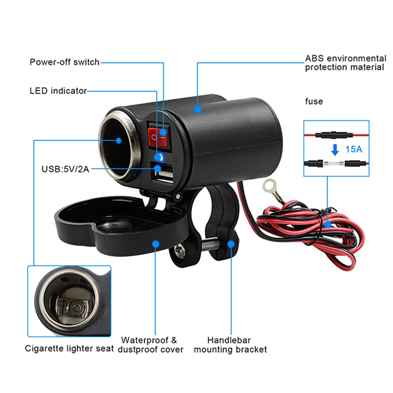 12V USB Charger Cigarette Lighter with Switch Waterproof Power Port Outlet Socket For Motorcycle ATV Cross bike Phone Tablet GPS