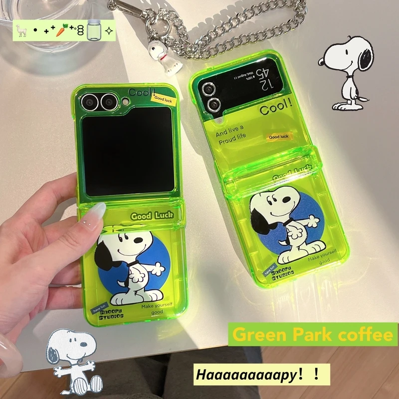 Cute Cartoon Peanut Snoopy Fluorescent Green Card Wallet Pocket Phone Case For Samsung Galaxy Z Flip 7 6 5 4 3 Hard TPU Cover
