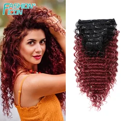 Synthetische tiefe Welle Clip in Haar verlängerungen 7 stücke voller Kopf Ombre schwarz Burgund 24 Zoll lockige organische Faser Clip-Ins für Frauen