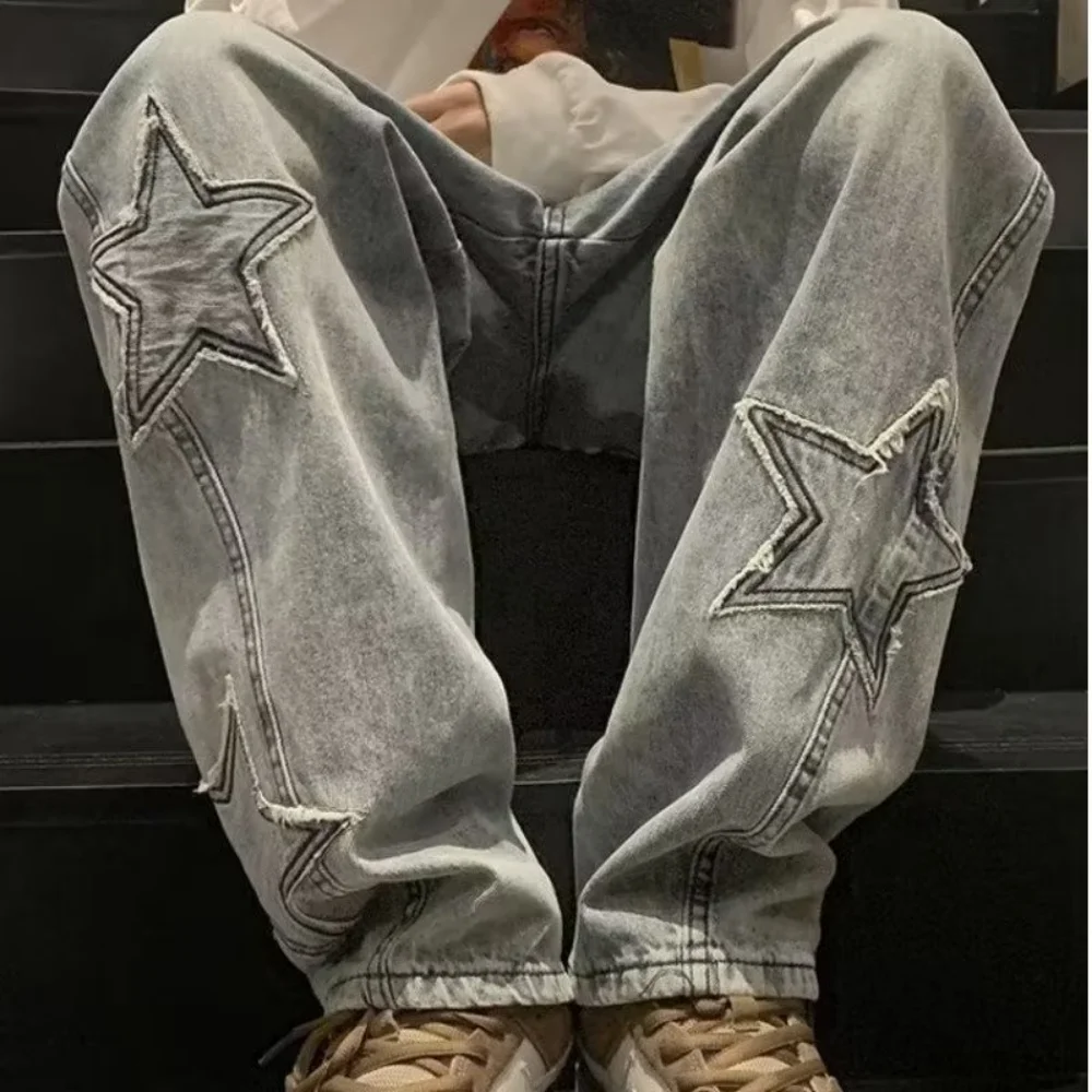 

Star Embroidery Straight Casual Men Jeans Gothic Neutral New Wide Leg Loose Hip-hop Fashion Youth Streetwear Denim Trousers Y2K