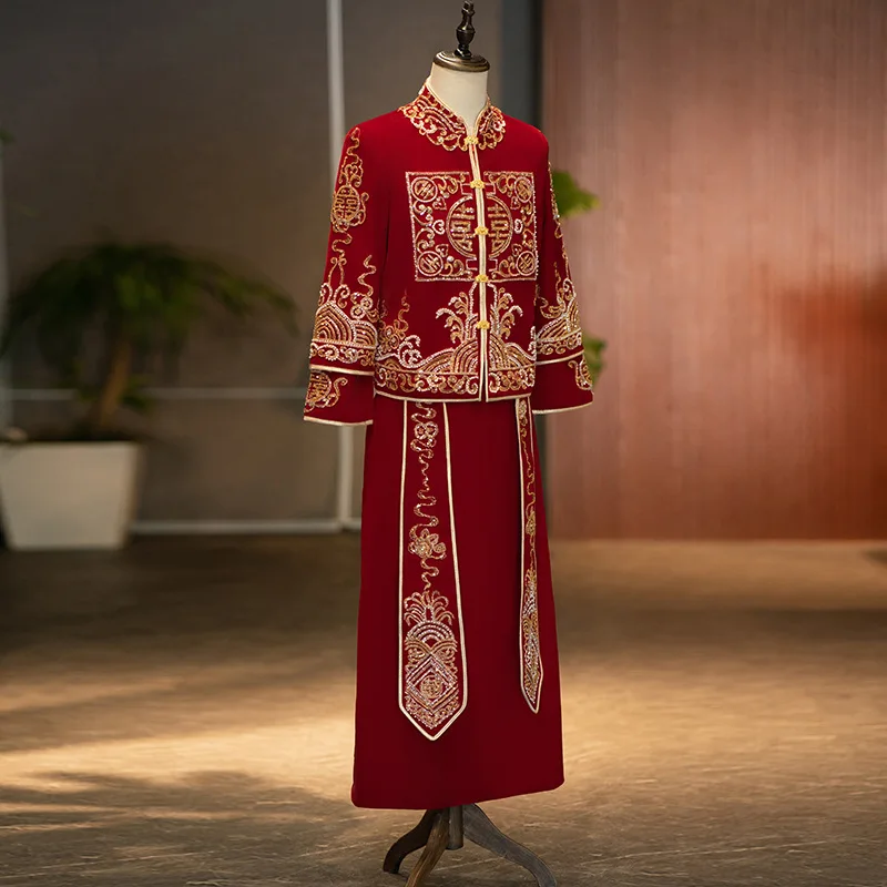 

Chinese Traditional Bride Groom Wedding Dress Exquisite Phoenix Embroidery Tang Suit Suit Men Women Banquet Dragon Phoenix Gown