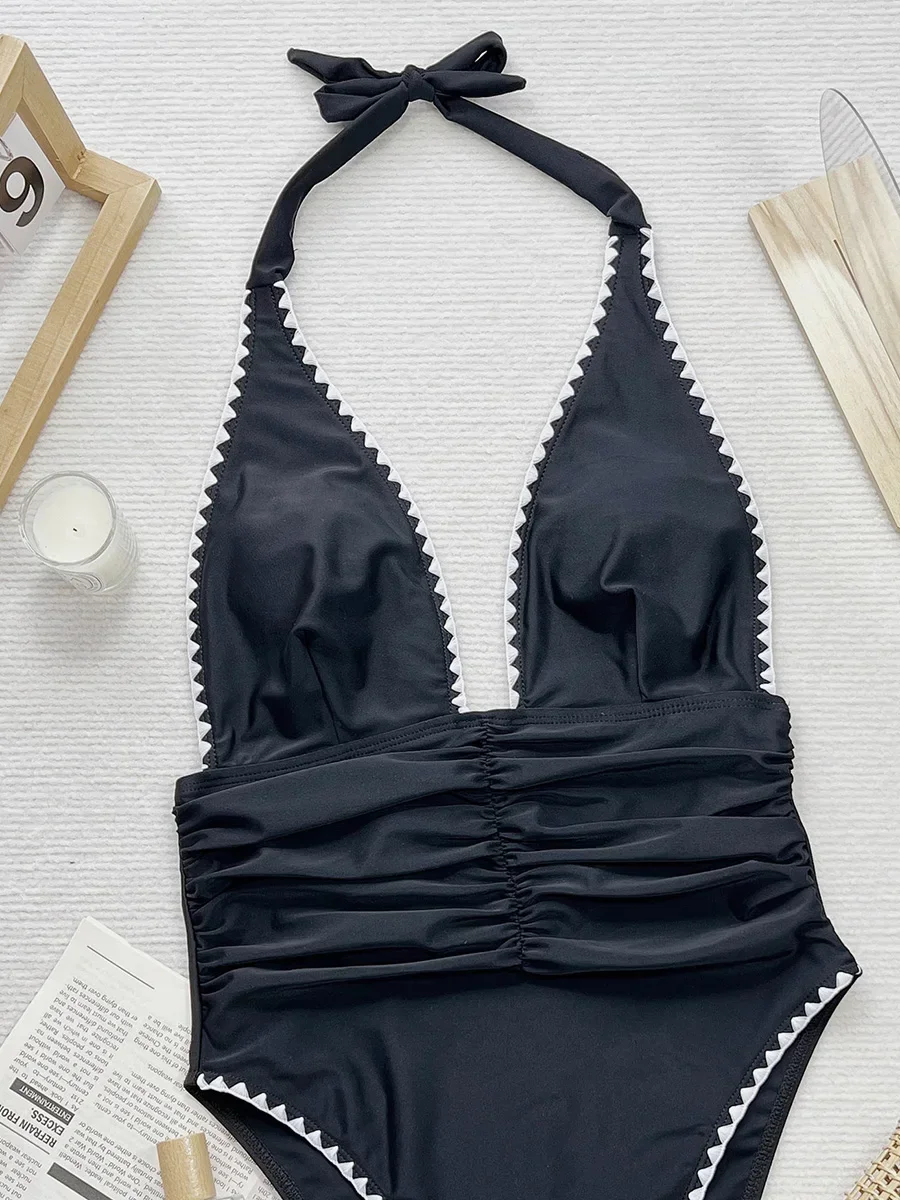V Neck Halter Wrinkled Women Swimwear One Piece Swimsuit Female High Cut Backless Monokini Bather Bathing Suit Swim Beachwear
