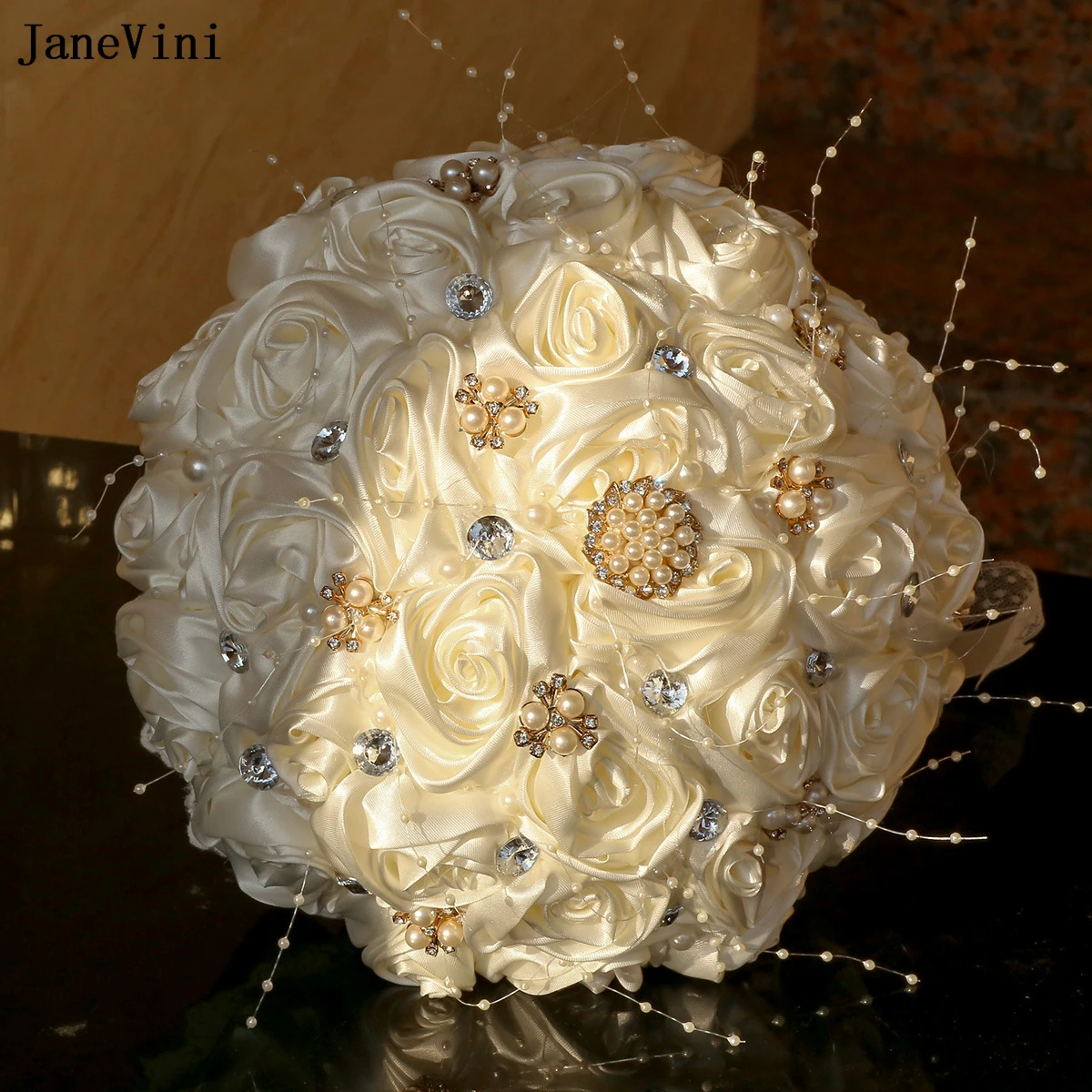 

JaneVini 2025 Elegant Ivory Bridal Brooch Bouquets with Pearls Crystal Artificial Satin Roses Wedding Flowers Bouquet De Novia