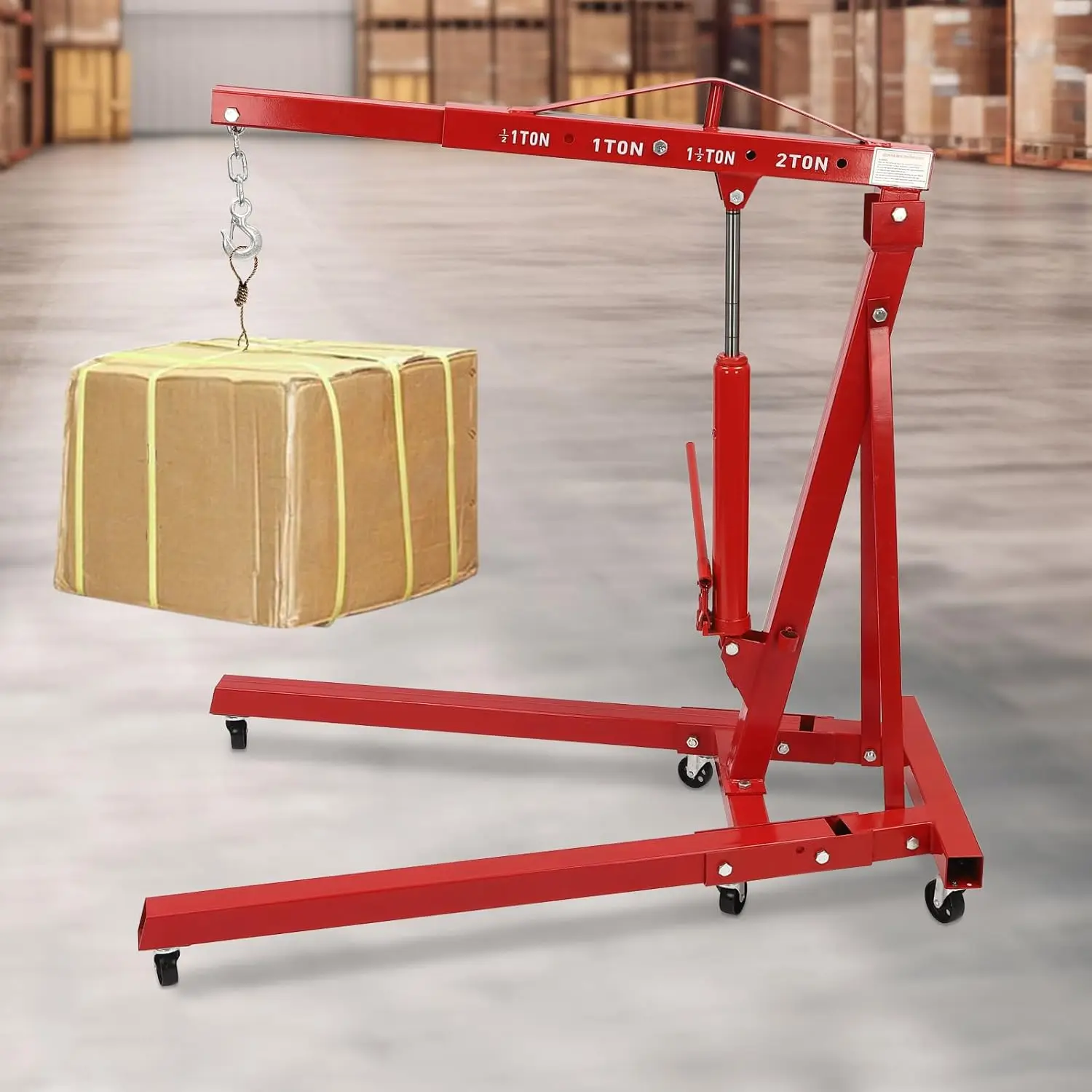 Hoist, Folding Engine Lift with 6 Wheels, Heavy Duty Steel Hydraulic Shop Engine Crane, Garage, Workshop, 4400 LBS, Red