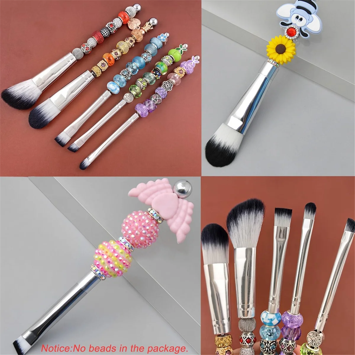 Beadable Maquiagem Brushes Kit, Silicone Beads, cosméticos, DIY