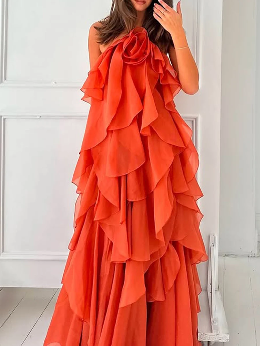 TWOTWINSTYLE – robe élégante à volants épissés pour femmes, col licou, sans manches, taille haute, dos nu, ample, mode féminine