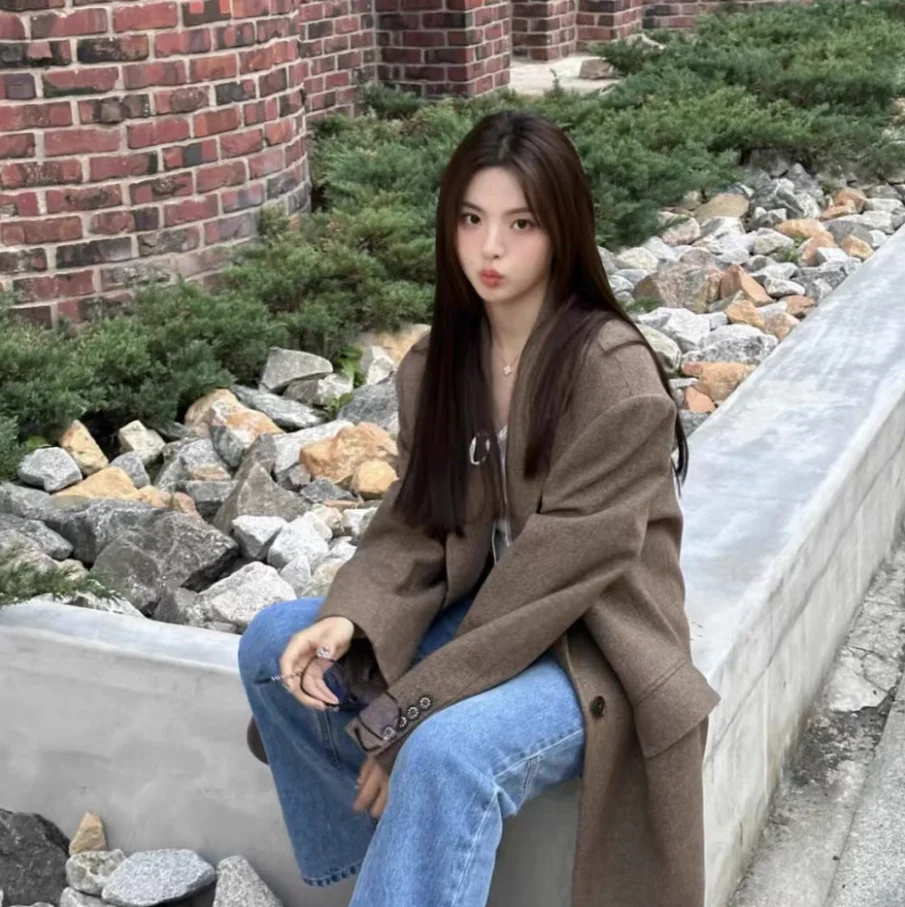 Loose Wide Lapel Woolen Suit Jaet Classic Vintage Yang Beihai Instant Faion Commute Sle Long Sve Mid-Length Coat