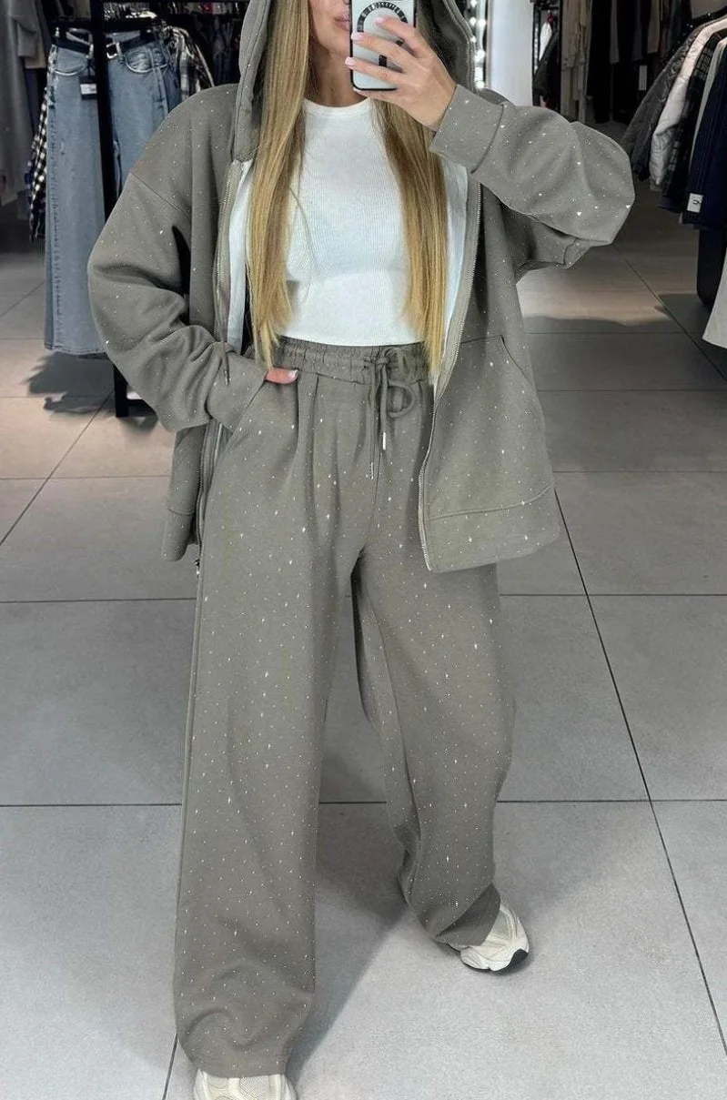 Sports Suit For Women In Autumn And Winter, Zipper, Lazy Style, Casual Hooded Sweatshirt, Diamond Wide-leg Pants Two-piece Set