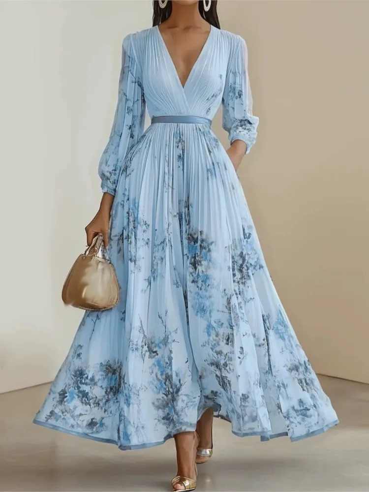 ชุดเดรสพิมพ์ลายหรูหราสำหรับผู้หญิง แฟชั่นแขนยาว คอวี เอวสูง ผูกเชือก ทรงหลวม ชุดเดรสยาวสำหรับผู้หญิง เหมาะสำหรับงานปาร์ตี้วันหยุด ใหม่