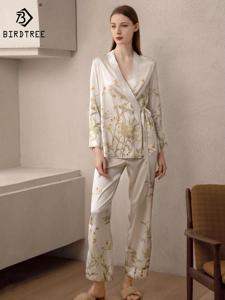 Birdtree 90%Real Silk Pajama Set Chinoiserie Placket Long Sleeve Pants Breathable Comfort Smooth Loungewear Fall Women S41447QD