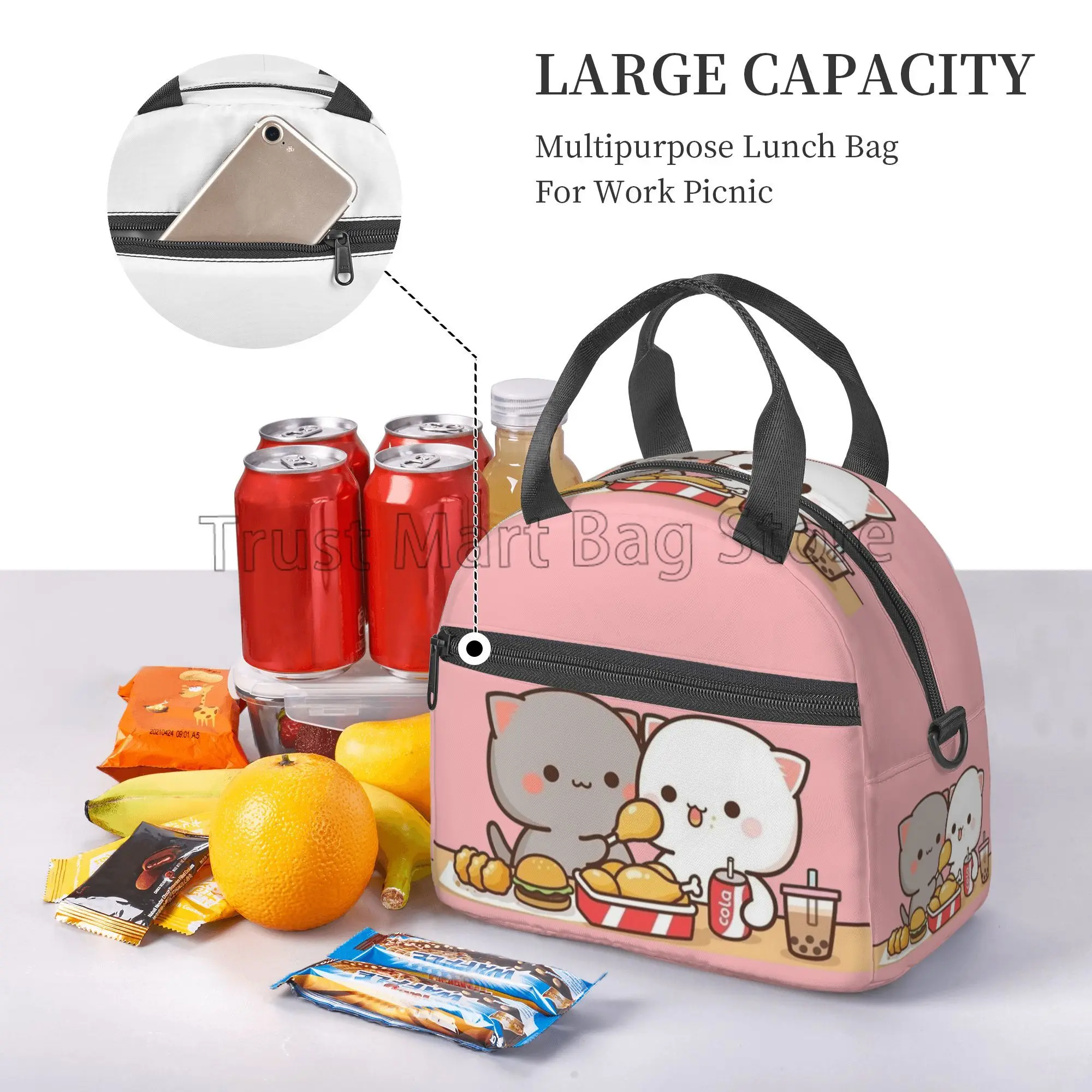 Mochi Cat Peach and Goma Insulated Lunch Bag Reusable Waterproof Bento Tote Cooler Bag Thermal Lunch Box with Adjustable Strap