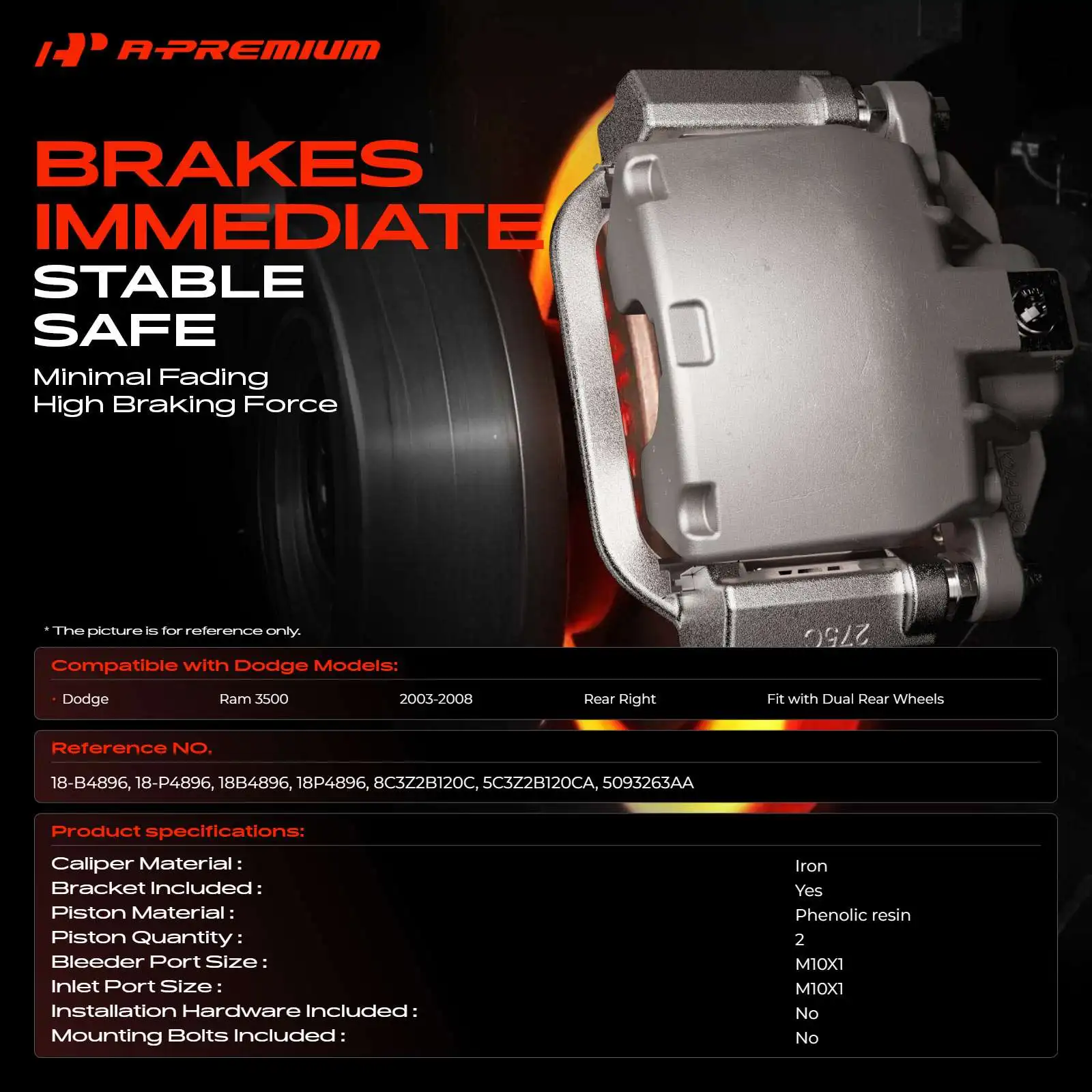A-Premium Rear Right Side Brake Caliper with Bracket & Piston for Dodge Ram 3500 2003-2008