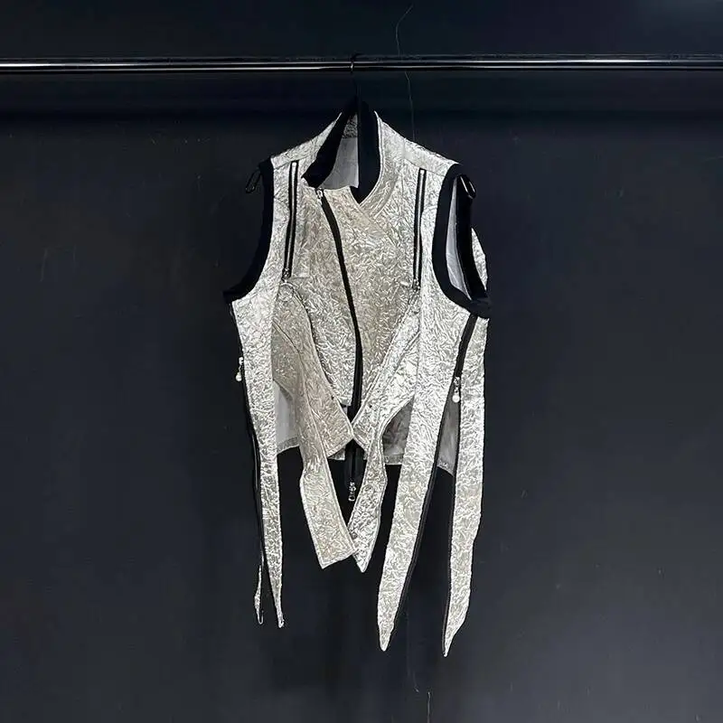 Hign Street Men's Waistcoat Personality Ribbon Spliced Zipper Decoration Sleeveless Fashion Male Vest Summer New JYUT67