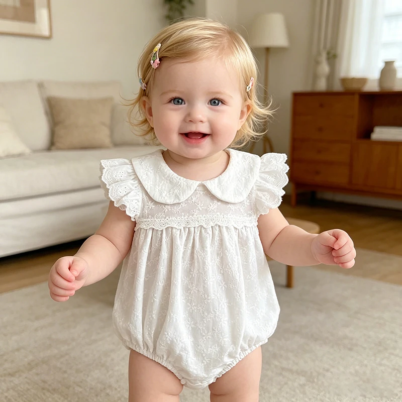 2026 Baby Mädchen Sommer 0-24M Neugeborenen Spitzenrüschen Party-Strampler Mädchen Leichte Kleidung Bestickter Ärmelloser Strampler