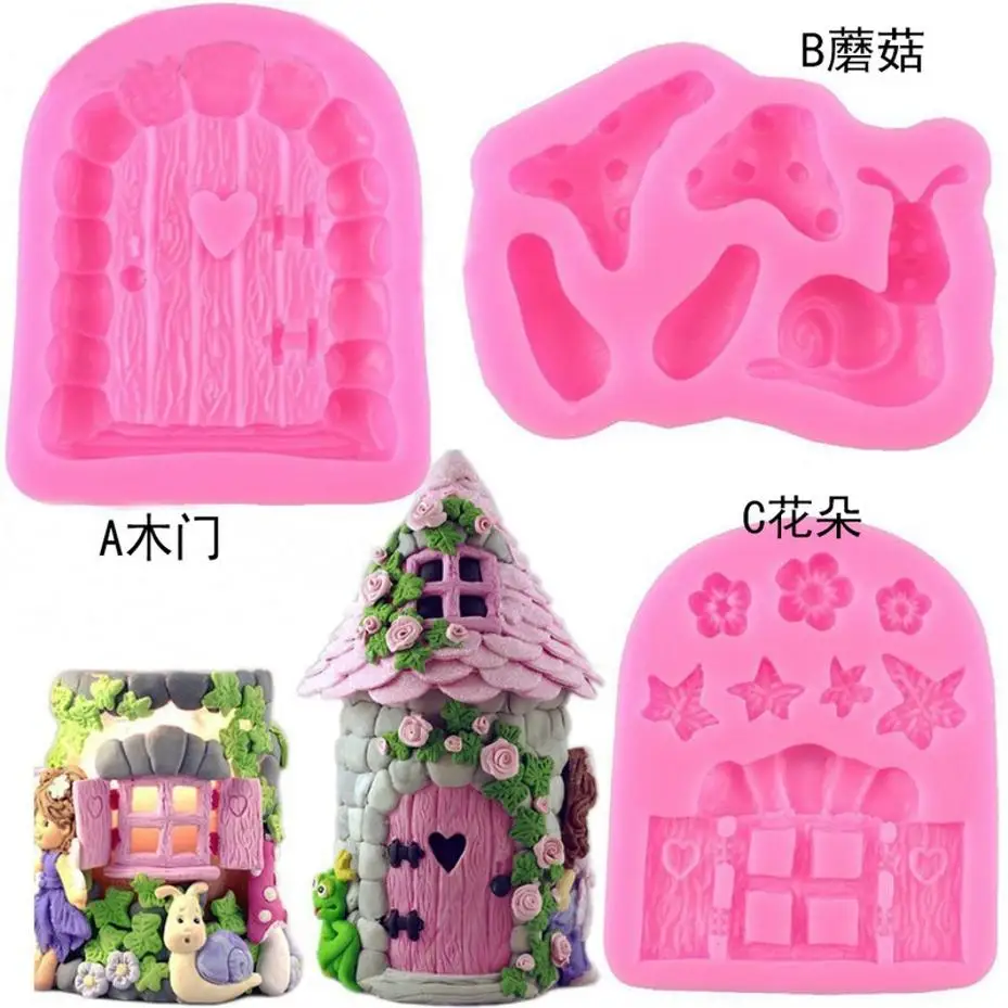 1 Pcs Fairy Tale Door Combination Of Snail Mushroom Sugar Cake Silicone Mold Chocolate Mold Cake Decoration