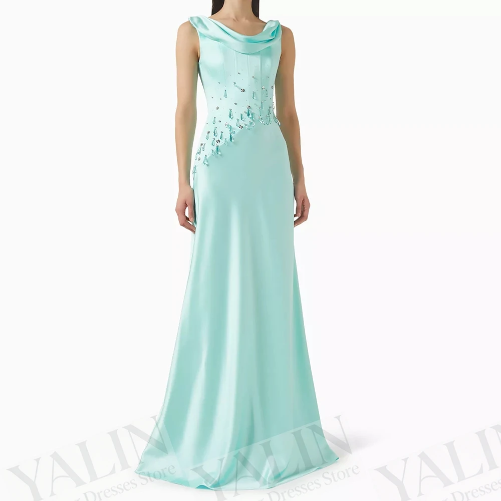 Women's A-line Evening Dresses Floor-length Scoop-neck Sleeveless Prom Gown Fashion Crystal Backless Draped Customized Gowns
