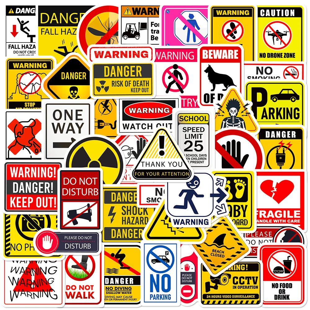 

10/30/50/100pcs Warning Sign Cartoon Stickers Danger Banning Graffiti Sticker DIY Scrapbook Motorcycle Bike Phone Decals Packing