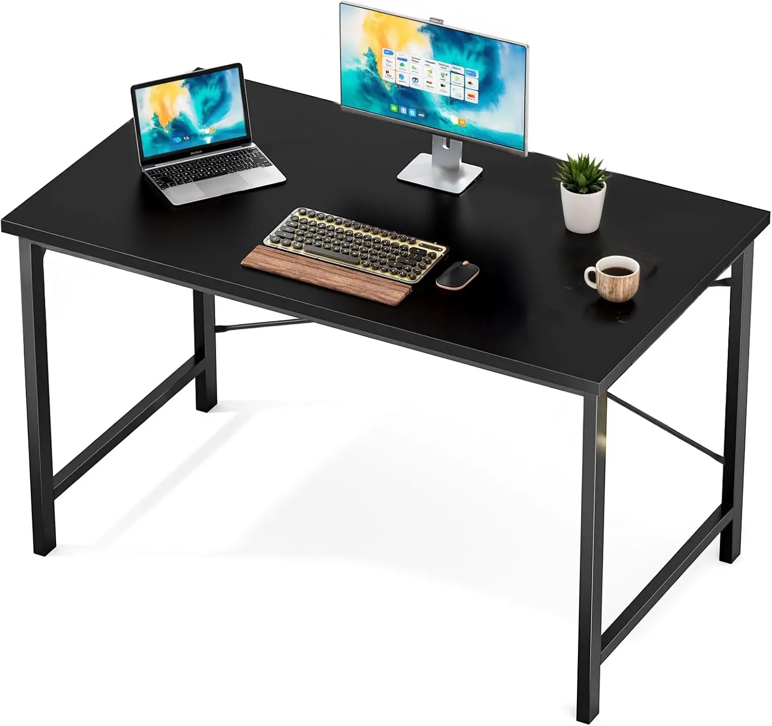 48 Inch Modern Computer Desk with Metal Frame and Wood Tabletop for Home Office Study Writing Work - Black