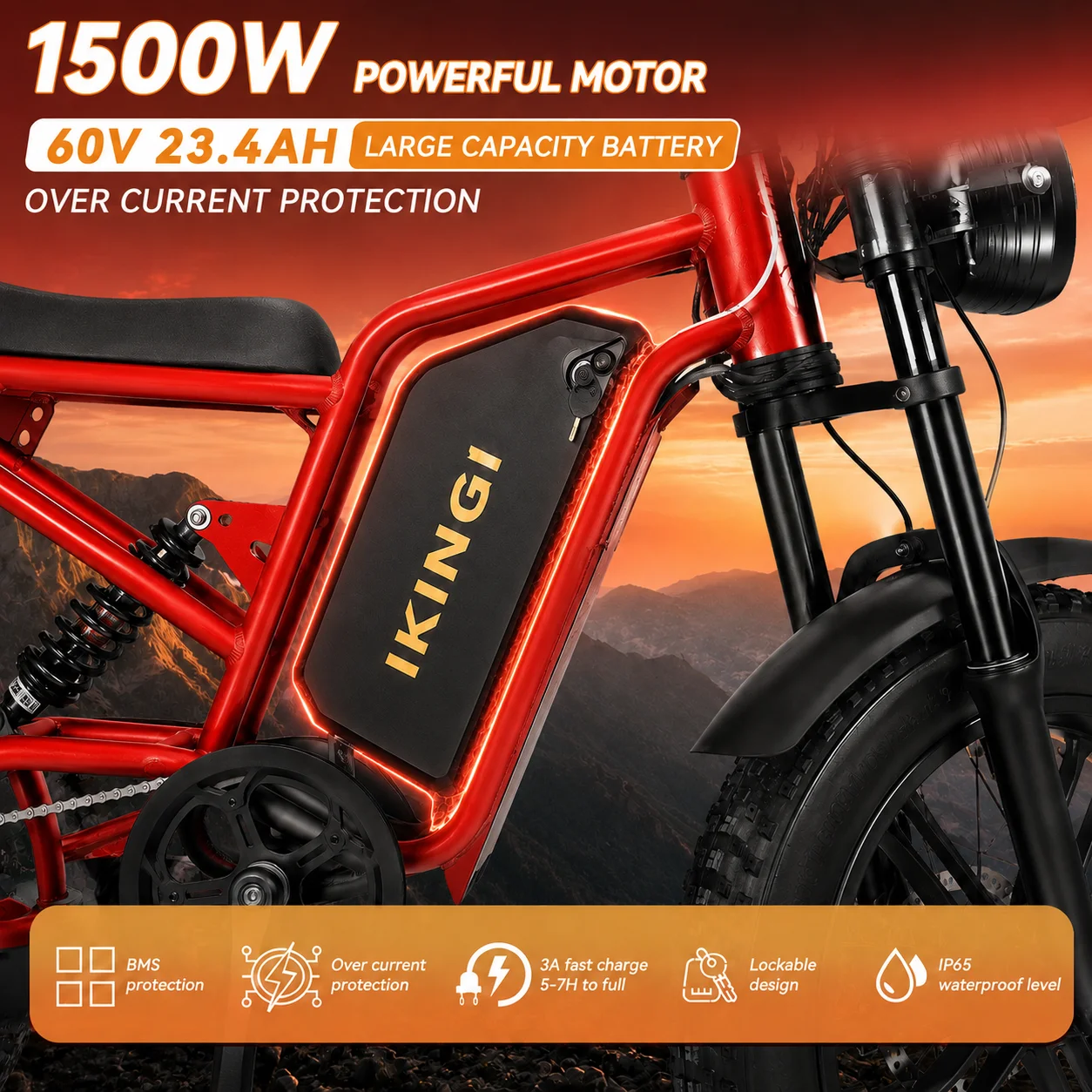 Electric Bike, 1500W 60V 23.4AH Battery, 7-speed, 20-inch Fat Tire, 40-60KM Range，Multi-color selection image 4