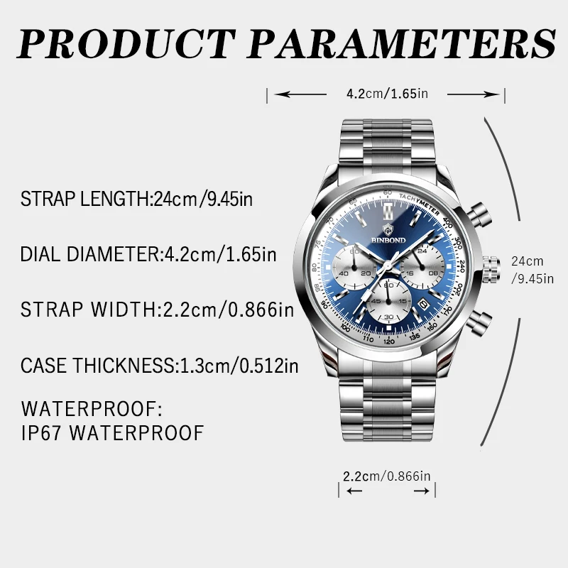 ساعات BINBOND من الفولاذ المقاوم للصدأ مقاومة للماء ومضيئة وتاريخ تلقائي ساعة يد عصرية للأعمال TimerLuxury ساعة كوارتز رجالية للرجال