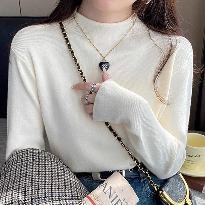 

Sueter Feminino New White Knitted Sweater Women Pullovers Long Sleeve Mock Neck Knit Sweater Pullover Women Tops Sweaters Q3299