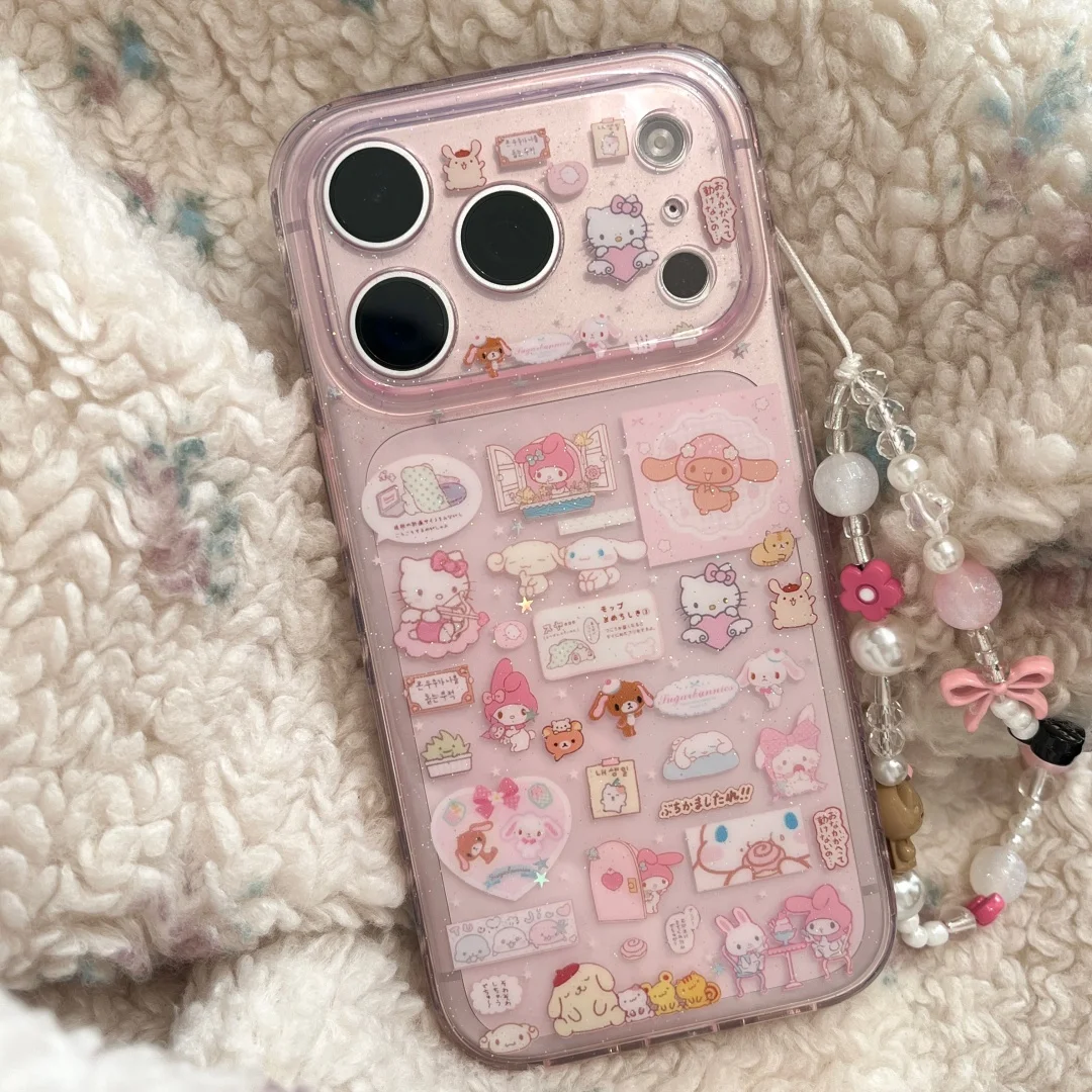 Cute Cartoon Glitter Full Screen Sanrio Hello Kitty Case For iphone 17 16 15 14 Pro Max 17 TPU Shockproof Back Cover With Chain