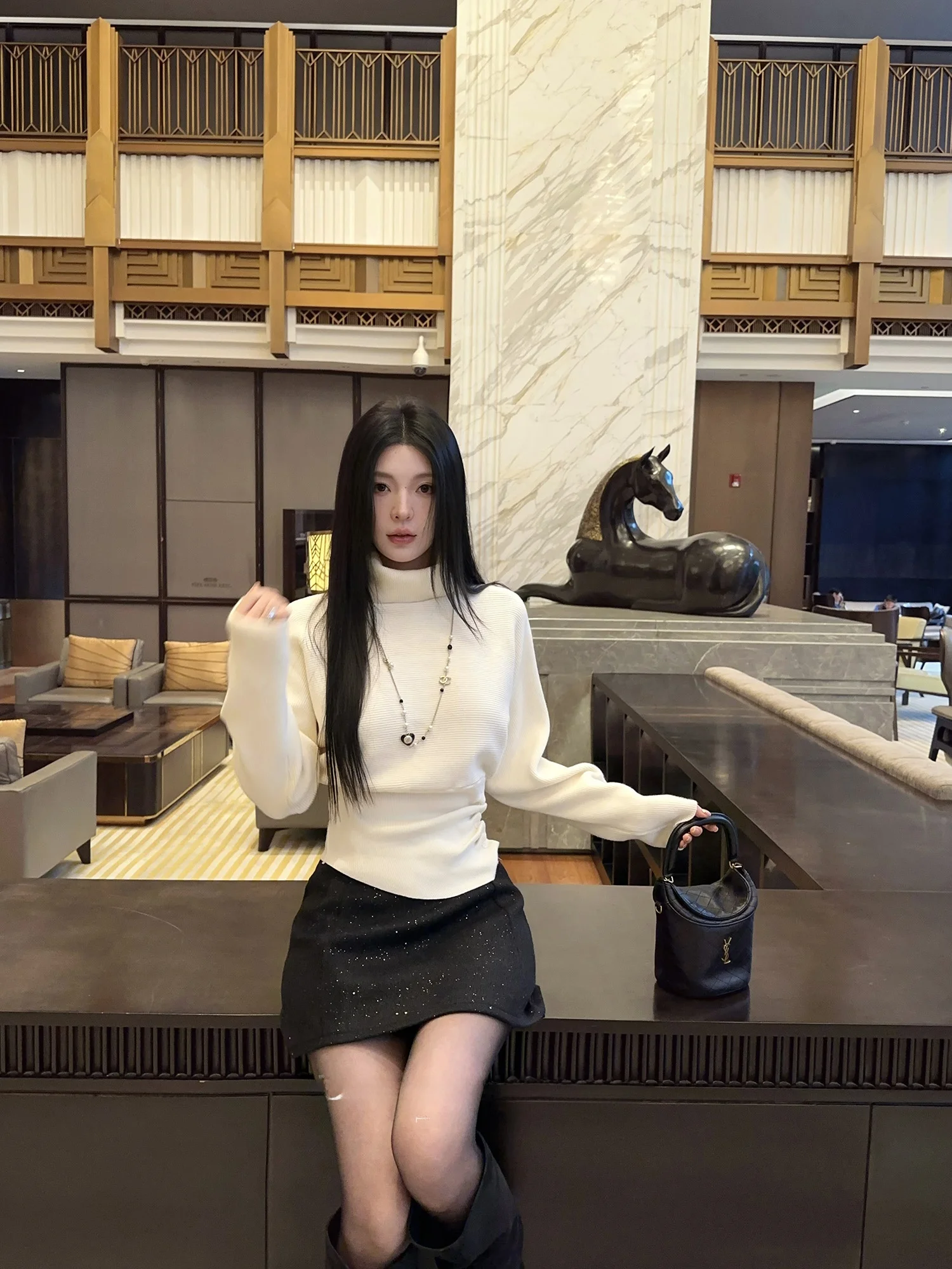 

Ele High Collar Long Sve Knitted Sweater Women's Waist-Cinching Overhead Design Base Layer Top lectual Sle Poly...