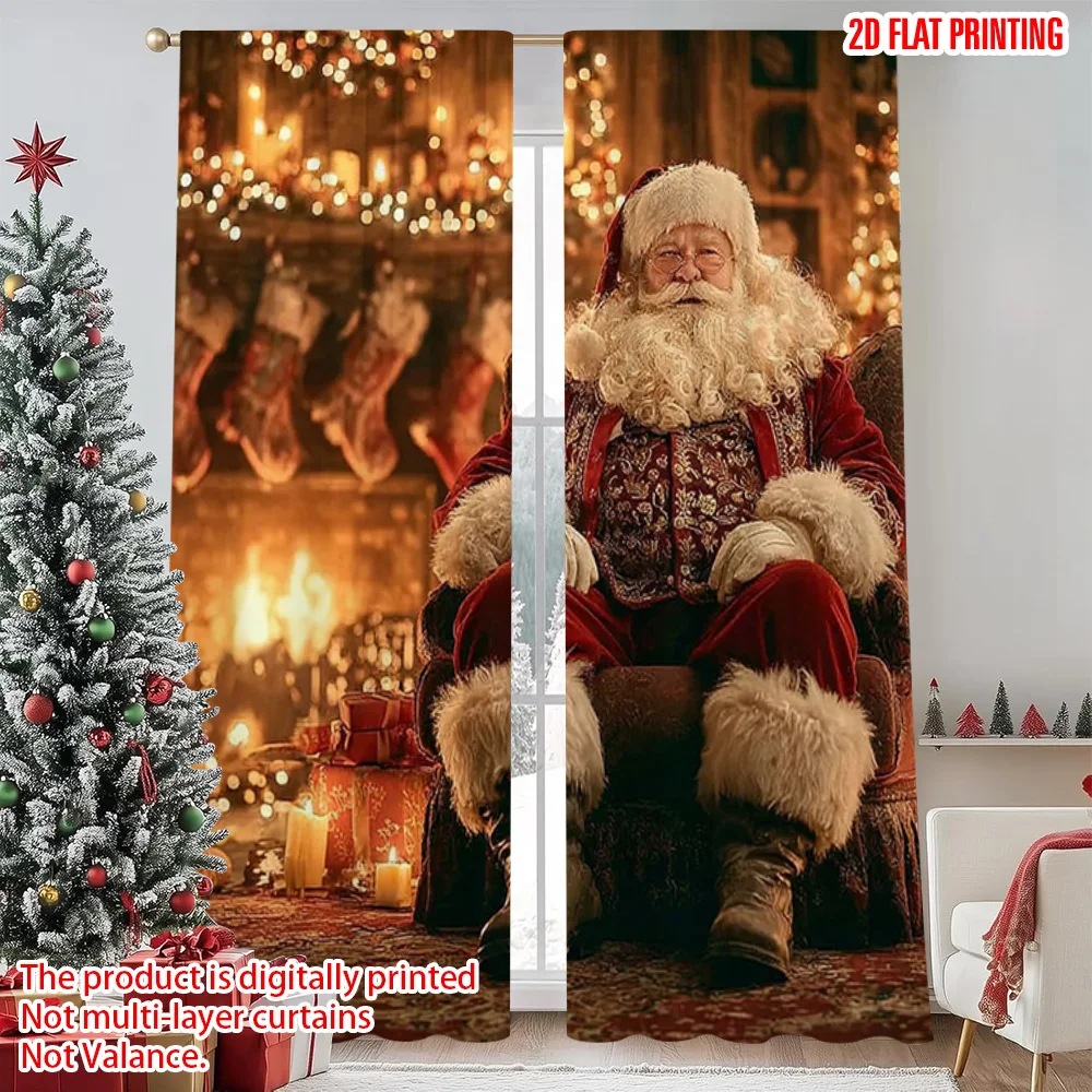 

2pcs 2D flat printing Christmas Curtain Santa Claus and the fireplace Versatile Polyester Fabric Without Electricity Festive