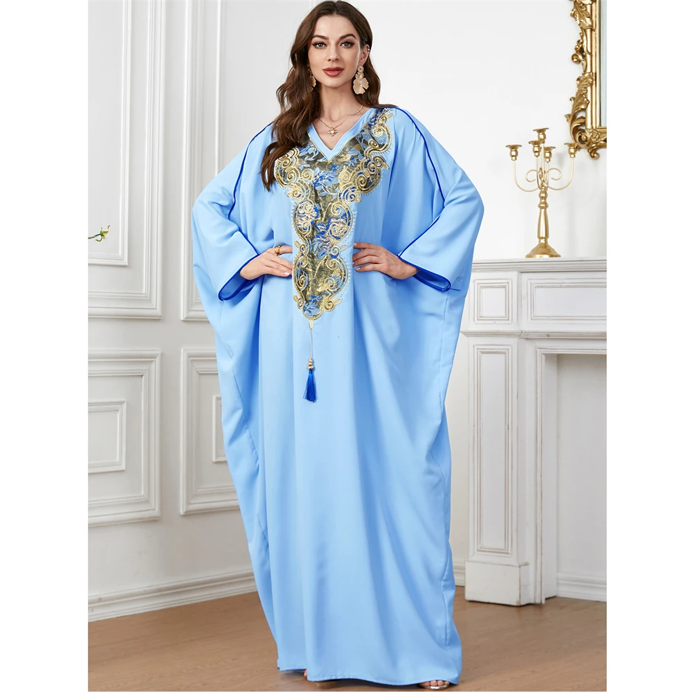 Morocco Muslim Women Loose Sequins Maxi Dress Abayas Kaftan Arab Batwing Sleeve Turkey Dubai Party Islamic Robe Vestidos 2023