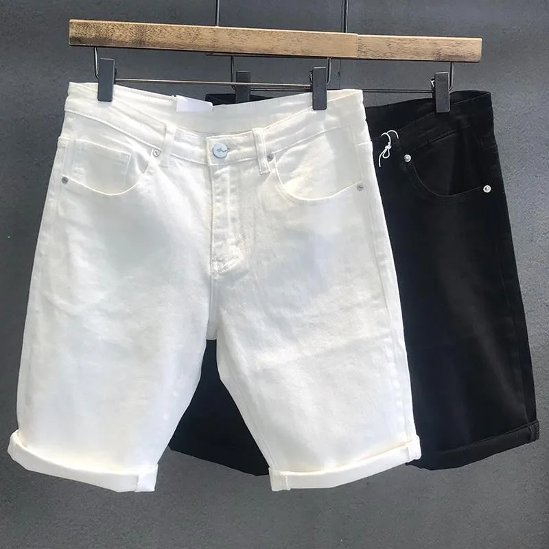 

Summer White Elastic Jeans Shorts Men's Slim Fit Five-Quarter Length Casual Trendy Large Size Youth Low Waist Zipper Fly