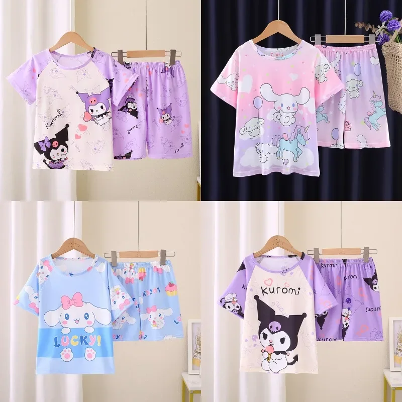 

Sanrio Hello Kitty Pajamas Suit Summer Children Anime Kuromi Cinnamoroll Children Short Sleeved Set Kids Sleepwear Home Clothes