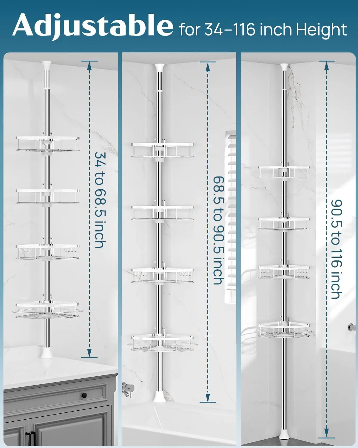 

Rustproof Shower Corner Caddy Organizer for Bathroom, 4 Adjustable Shelves with Tension Pole, for Bathtub Shampoo·Free Shipping