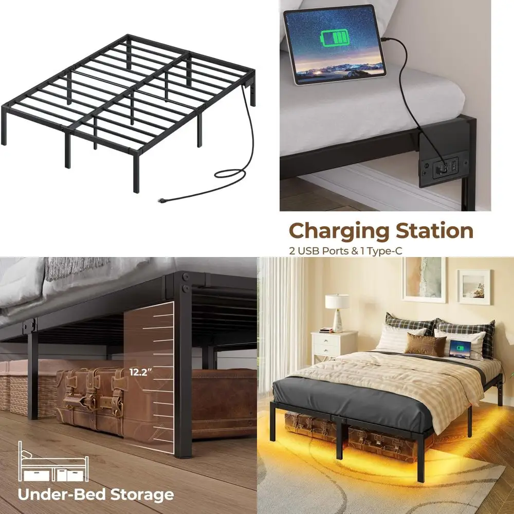 

USB Charging Station Bed with LED Lights, Heavy Duty Slat Support, 14 Underbed Storage