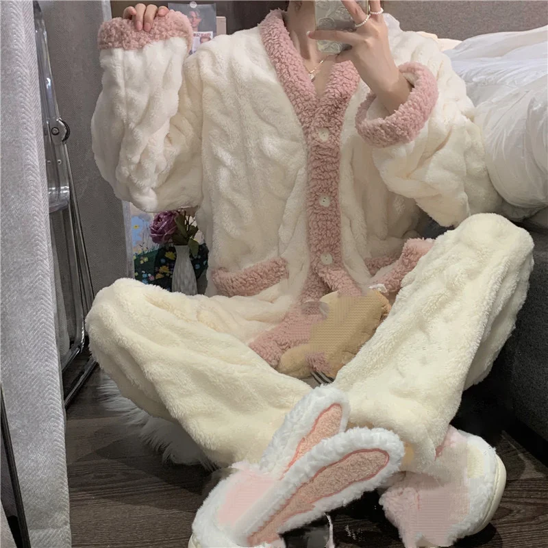 

new model cute coral fleece Women pajamas girl student autumn winter Sleepwear fleece-lined thicken flannel homewear suit
