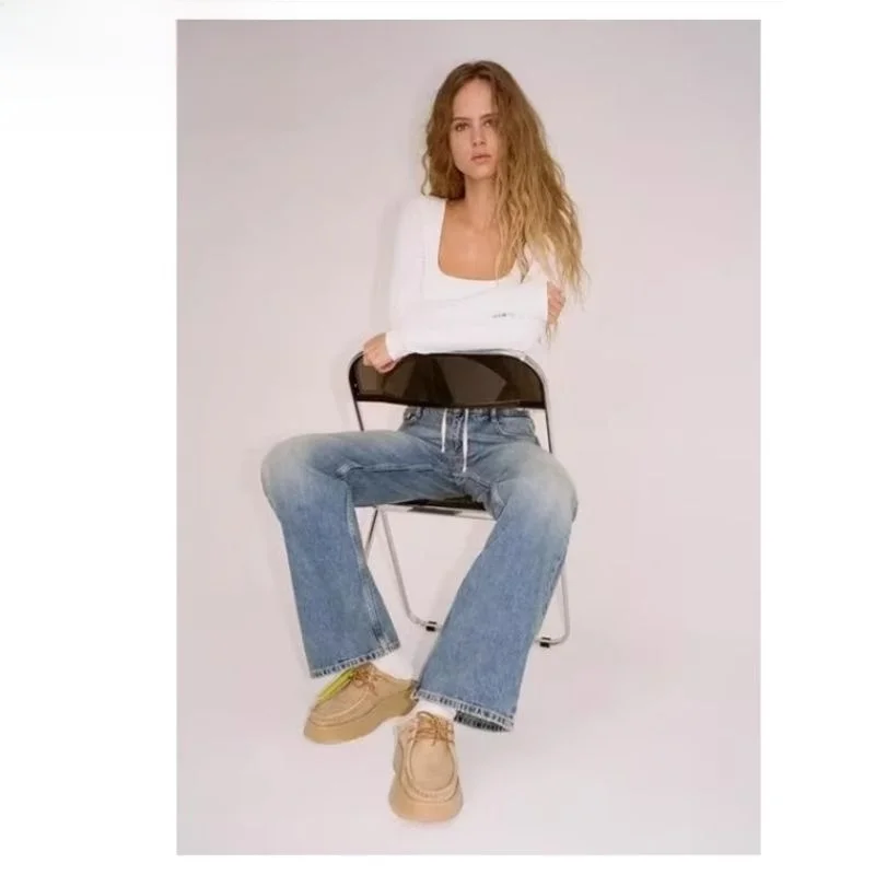 

Весна 2024, женские прямые повседневные джинсы со средней талией и широкими штанинами, Новое поступление, однотонные длинные брюки, джинсовая талия