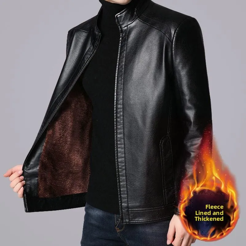 Warm Fleece Lined Stand Collar Men's Leather Jacket Vintage Commute Style Zipper Closure 3D Design Regular Length Sheepskin