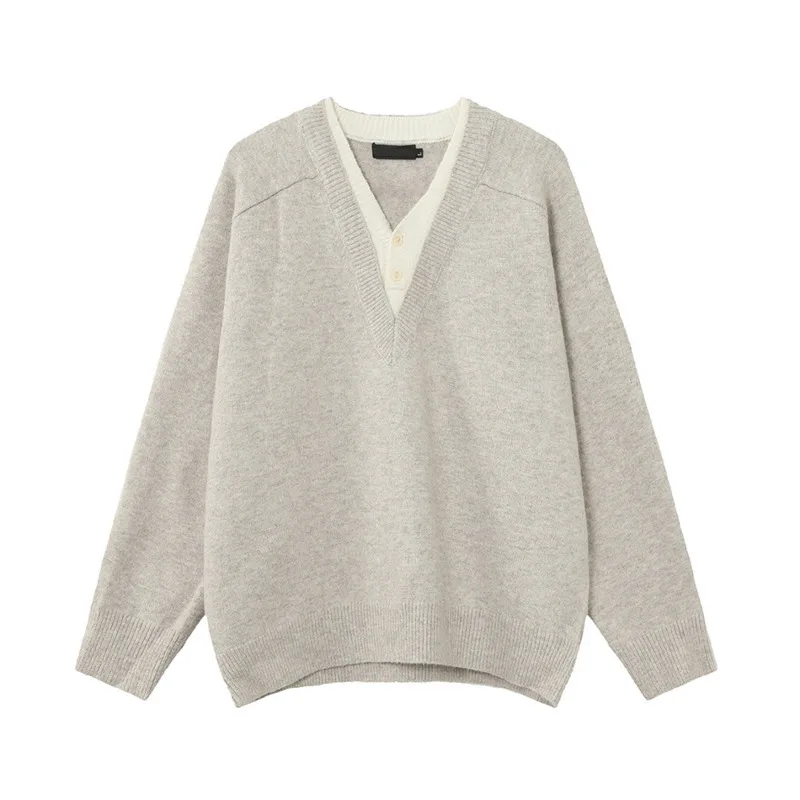 SYUHGFA 2025 Musim Gugur Sweater Pria Gaya Korea Kerah V Desain Kancing Rajut Warna Kontras Model Dua Lapis Palsu Atasan Pria