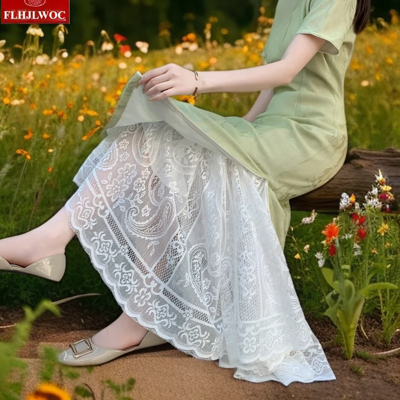 New Year Hot Matching Cheongsam Qipao Skirts Cute Girls Sweet Princess Romantic Crochet Lace High Waist A Line Long Lace Skirts
