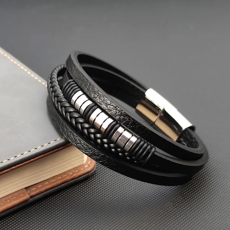 Leather Bracelet Men Jewelry Stainless Steel Magnet Buckle Multi-layer Braided Rope Beading Bracelet Fashion Charm Jewelry