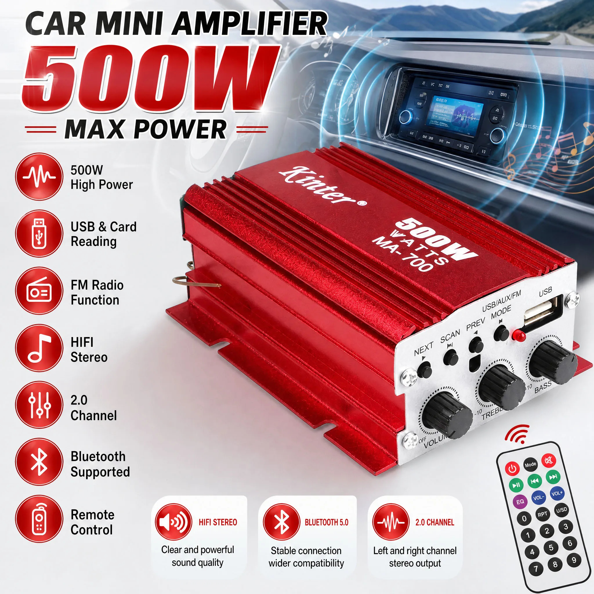 Woopker Kinter MA700 Mini Car Audio Amplifier 2.0 Channel AMP MAX 500W DC 12V Amplifier With Remote Control USB FM AUX Input