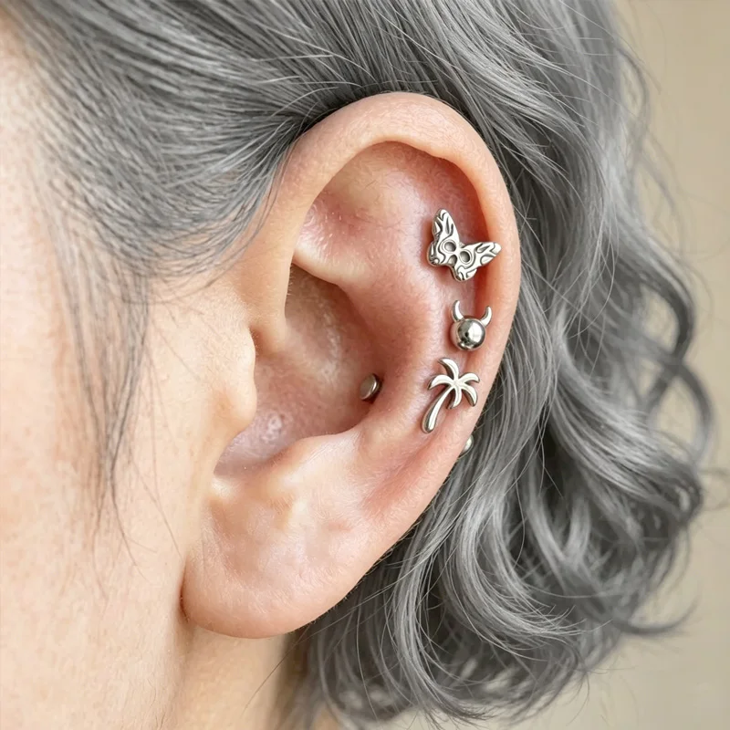 G23 Gothic Earring Popular Palm Tree Beard Mustache Leaf Design Flat Back Women Adult Artistic Trendy Glossy Stud Jewelry