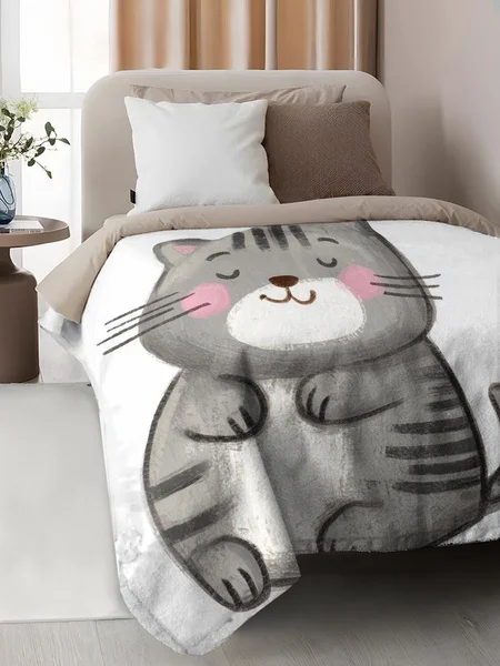 

Cute Cartoon Cat Print Soft Fleece Blanket Cozy Pet Theme Bed Cover