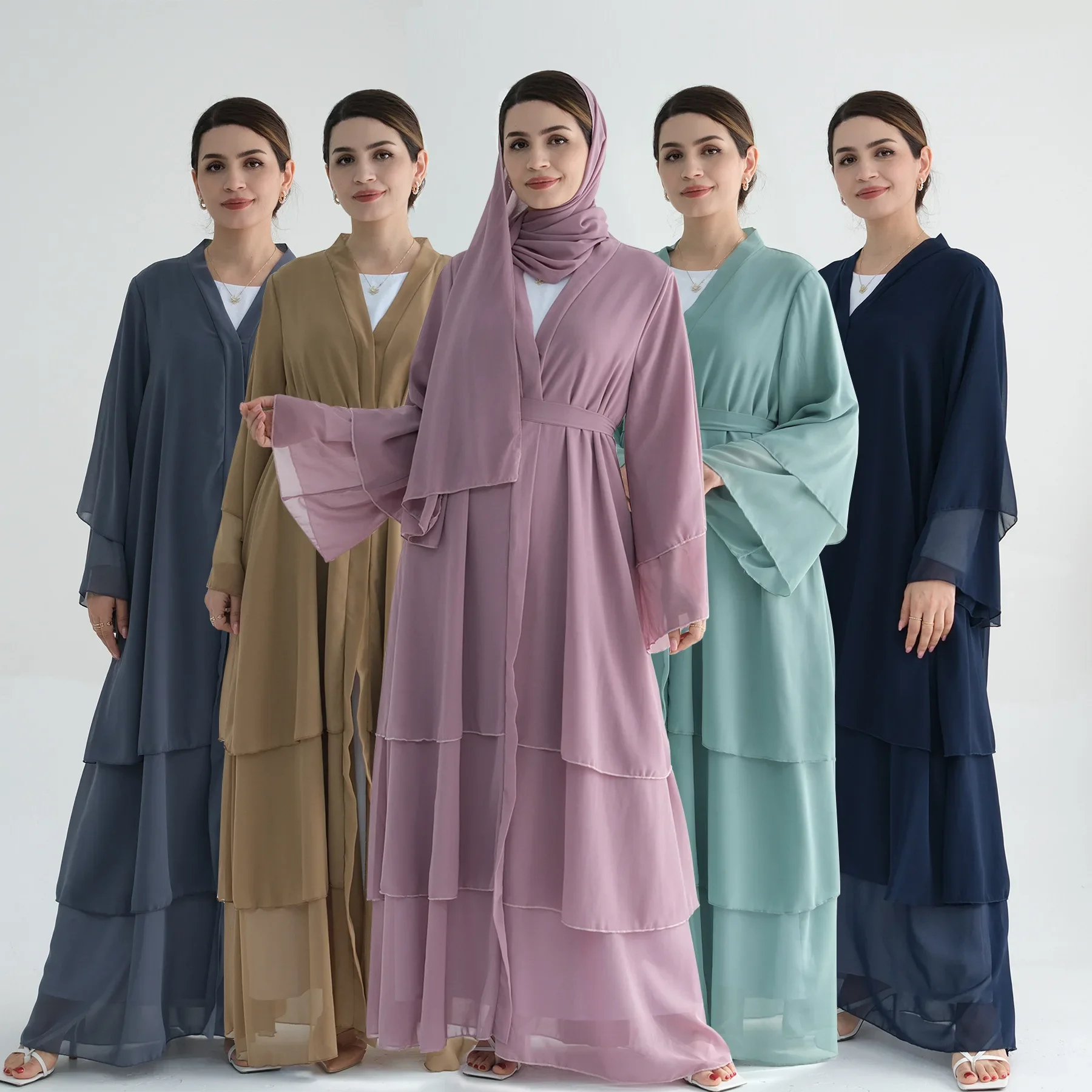 

Дубайская шифоновая абайя с рюшами для девочек и женщин, открытое кимоно, мусульманское платье, турецкий кафтан, джалабия, исламская одежда, марокканская роба