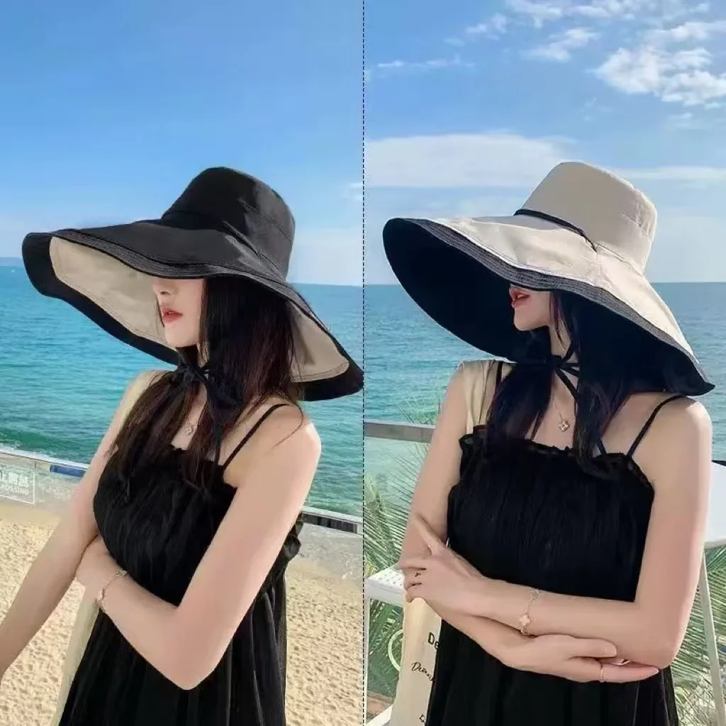 

Local Shipping Women Wide Brim Summer Sun Hat Wired Edge Beach Bucket Fishing Hats Reversible Foldable Travel UV Protection