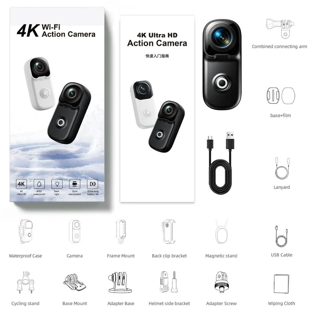 

4K Ultra HD Thumb Action Camera 156° Wide-angle IP68 Waterproof 4K Sports Recorder Six-axis Stabilization