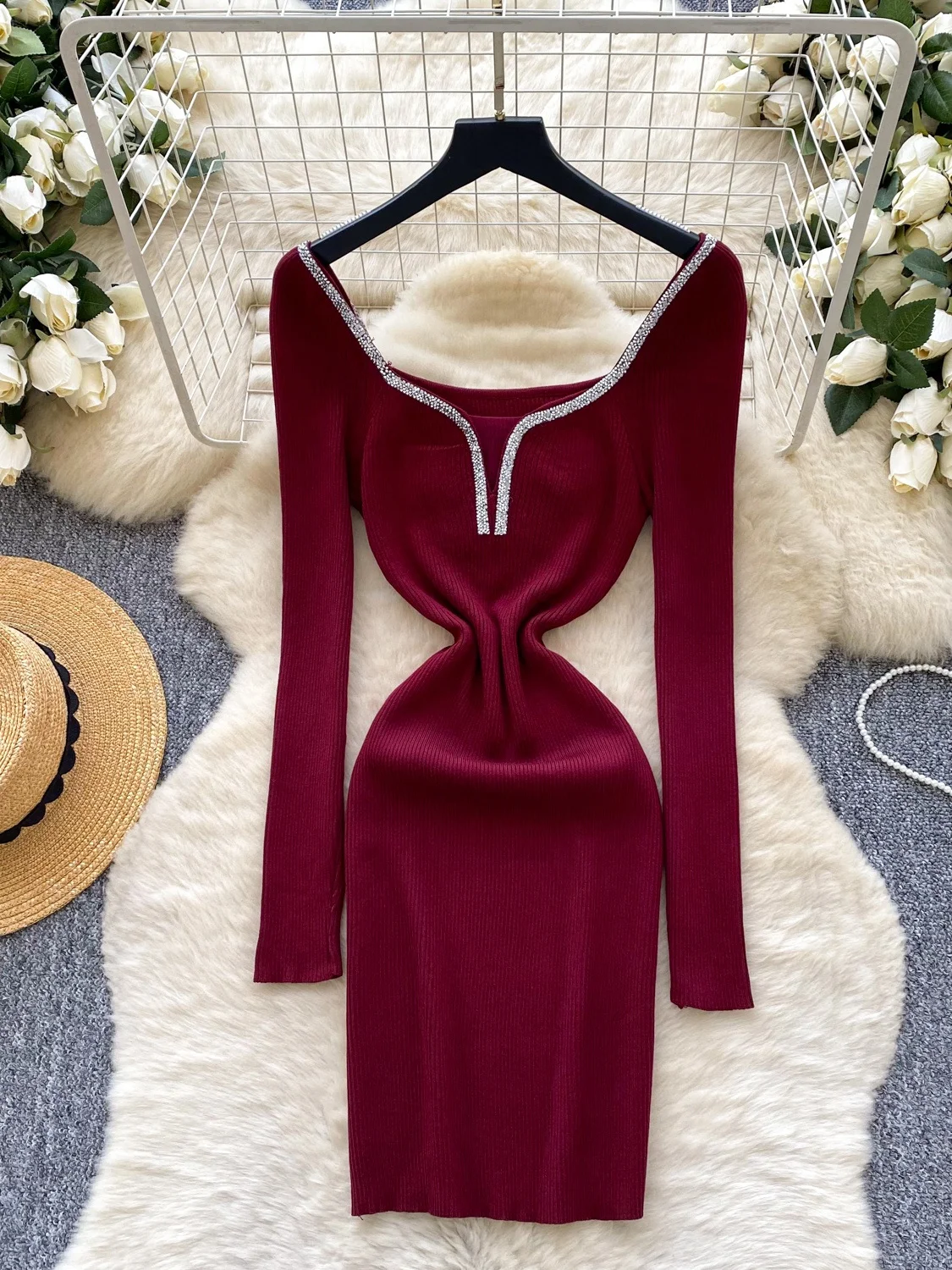 Ele gestrickter langer Sve Dr mit schwerer Verzierung, figurbetonter Rock mit hoher Taille und quadratischem Kragen für Damen, Faion Ci Commuting