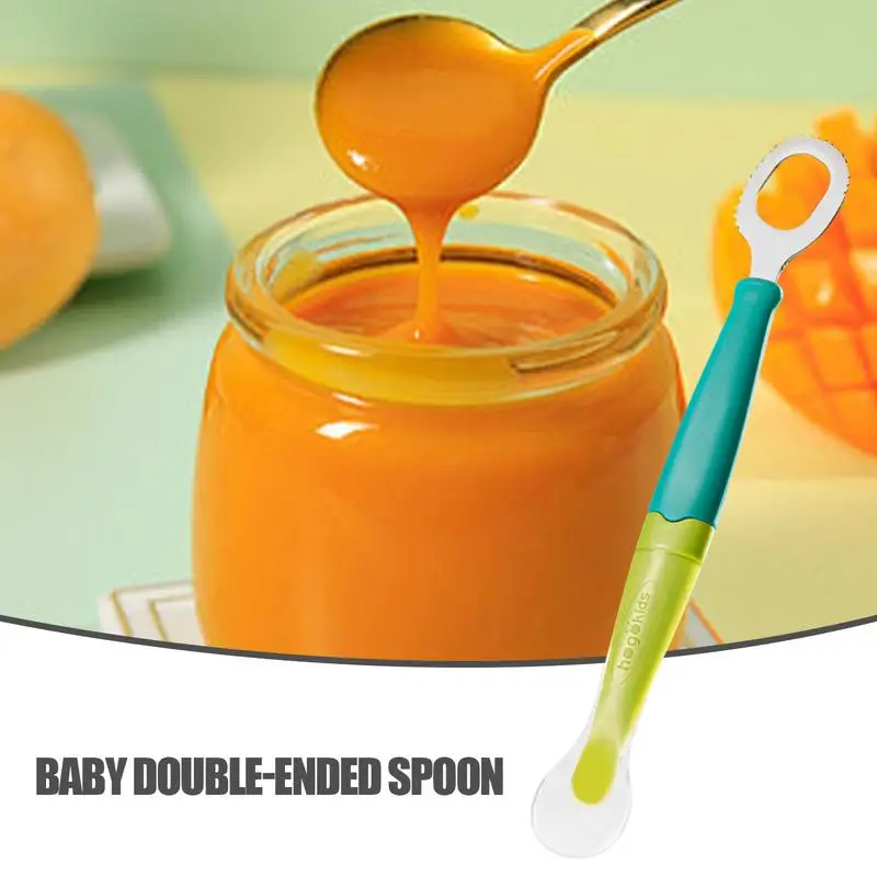 Fruit Scraping Mud Spoon Double Head Baby Feeding Spoon Practical First Training Baby Scraper Multifunctional Steel & Silicone