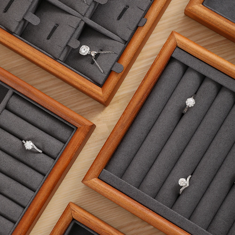 YinBeiNi Beige&Dark Gray Solid Wood Jewelry Display Tray Ring Necklace Earring Bracelet Organizer for Shop Cabinet Exhibition
