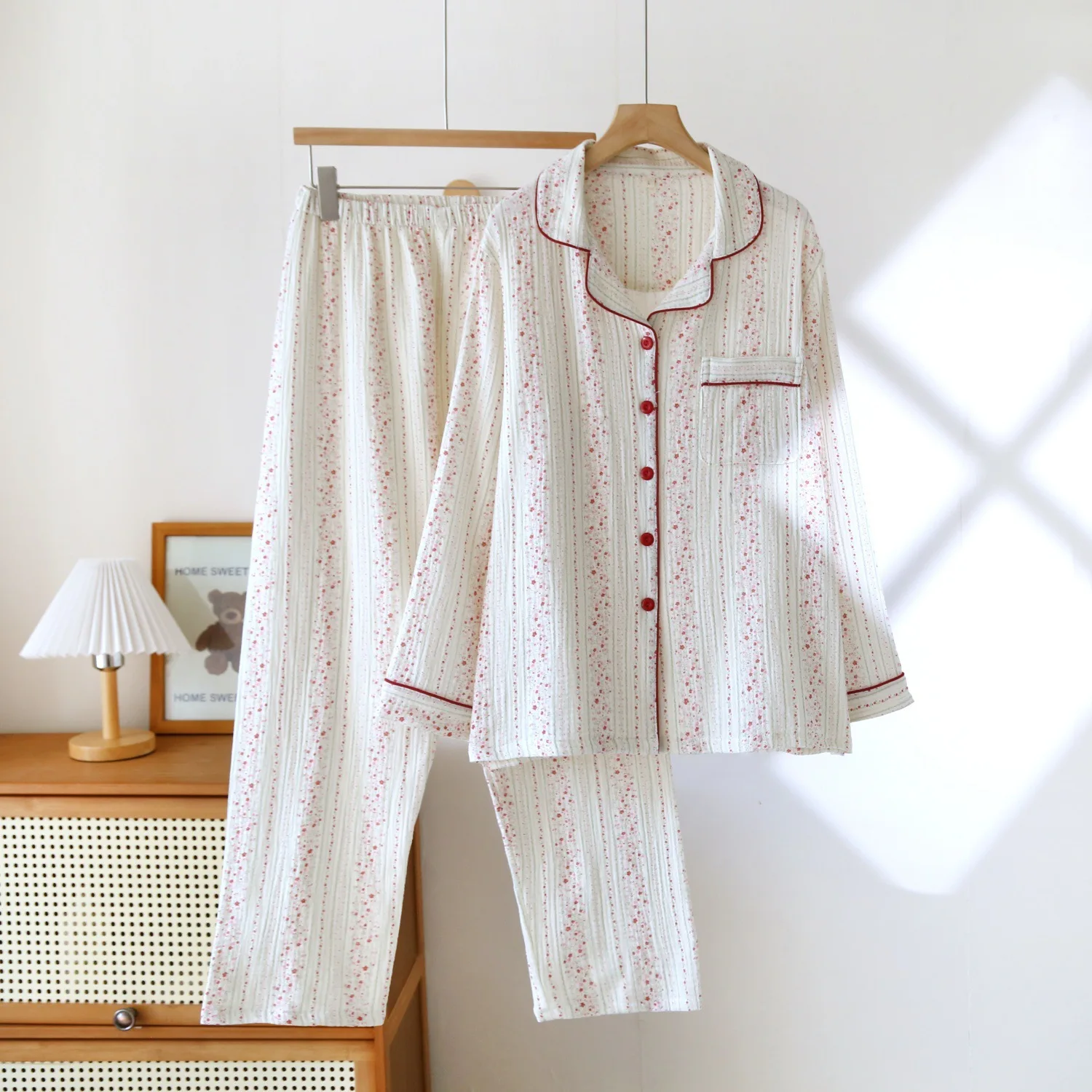 

Cotton Sleepwear Print Pajama Sets Women Autumn Long Sleeve Trouser Clothes Nightwear Korean Homewear Buttons Girl Pajama