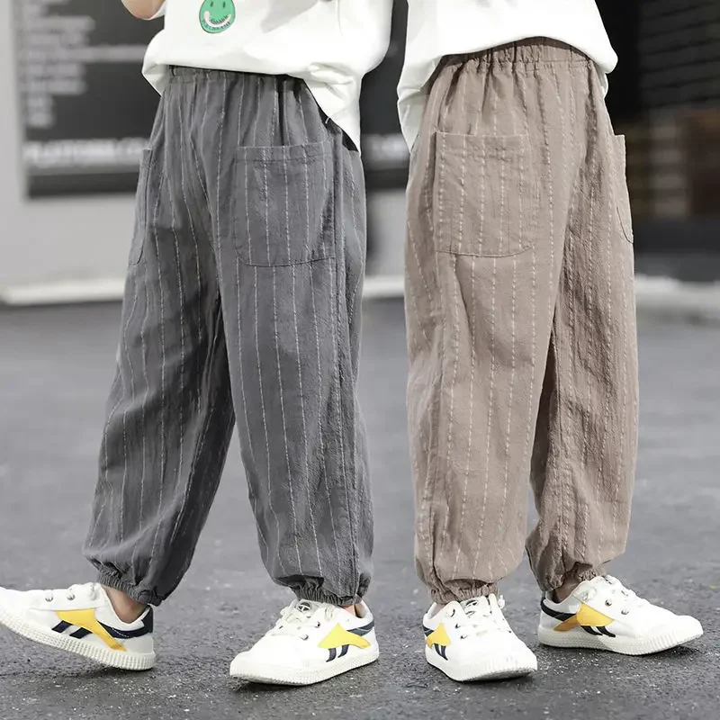 

2025 Boys Anti Mosquito Pants Summer Loose Striped Pants Children's Cotton and Linen Pants with Pockets Children Trousers